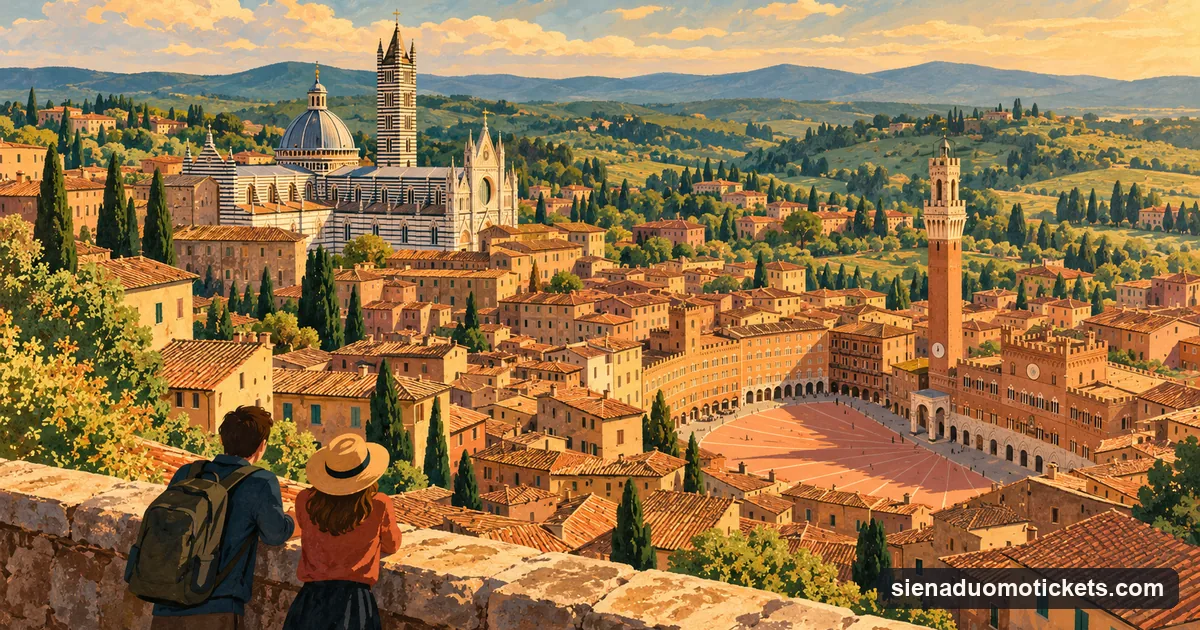 Illustration: two visitors at a parapet looking over Siena's rooftops to the striped cathedral and the Torre del Mangia
