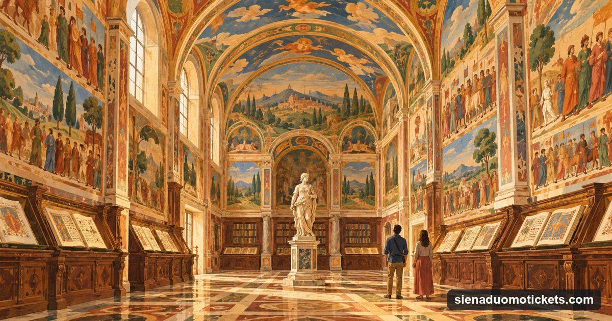 Illustration: the frescoed Piccolomini Library in Siena Cathedral, its walls and ceiling painted in bright colours above choir books in wooden cases