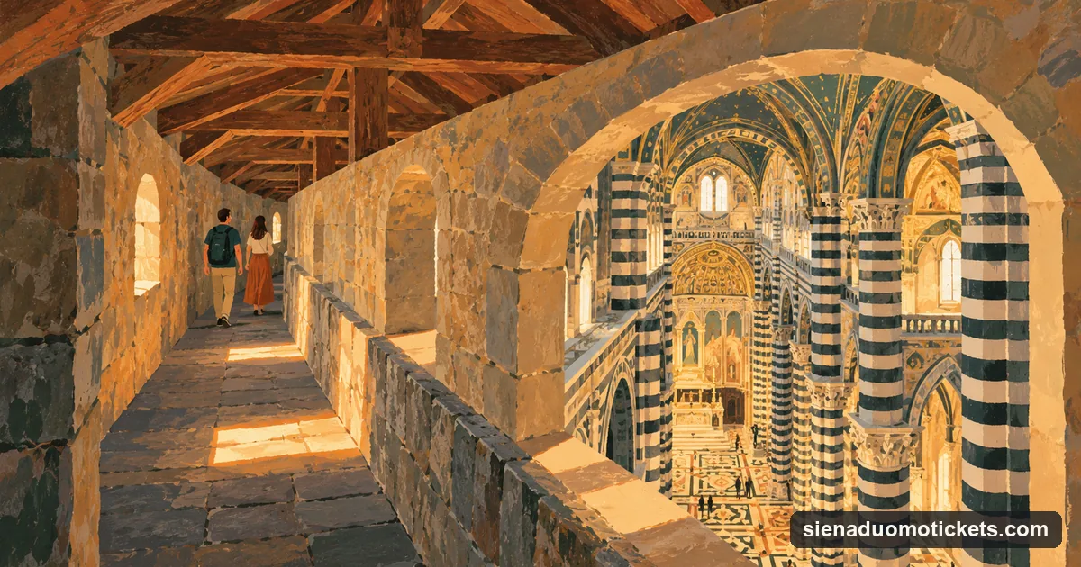 Illustration: two visitors on a narrow walkway under the cathedral roof, looking down through an arched opening at the striped marble nave of Siena Cathedral