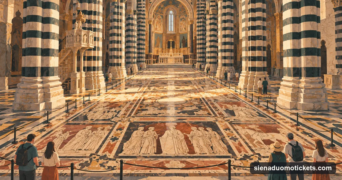 Illustration: the inlaid marble floor of Siena Cathedral, pictorial panels in white, black and red marble between striped columns