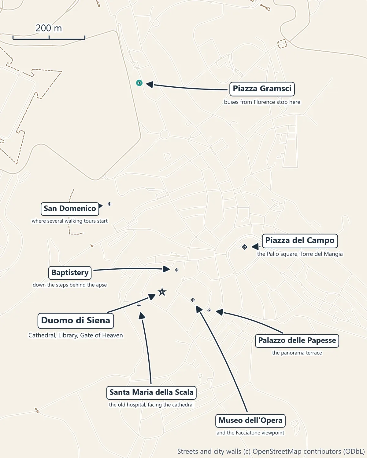 Map of central Siena marking the Duomo, the Museo dell'Opera and Facciatone, the Baptistery, Santa Maria della Scala, the Palazzo delle Papesse, Piazza del Campo, San Domenico and the Piazza Gramsci bus stop
