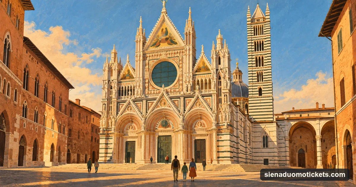 Illustration: early morning in the square in front of Siena Cathedral, its marble facade and striped bell tower in long low light