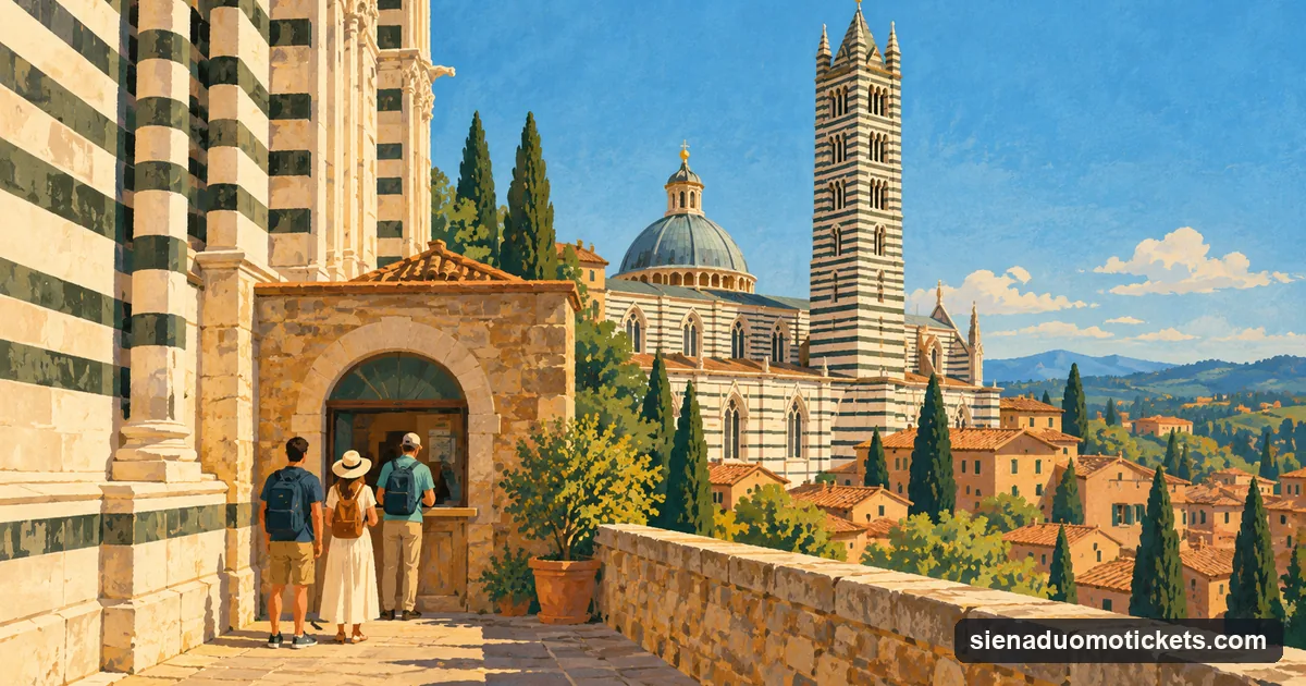 Illustration: travellers at a ticket window beside the black-and-white striped marble wall of Siena Cathedral, with its striped bell tower above