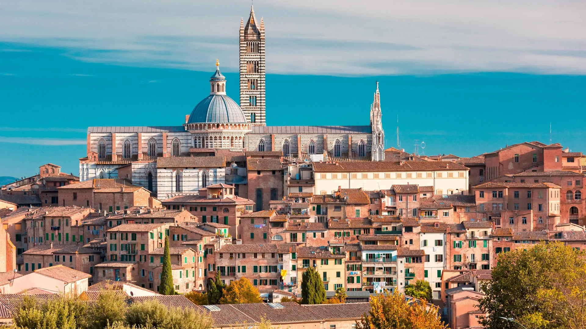 Siena's rooftops with the cathedral dome and striped bell tower above them, from the Siena and San Gimignano day trip listing